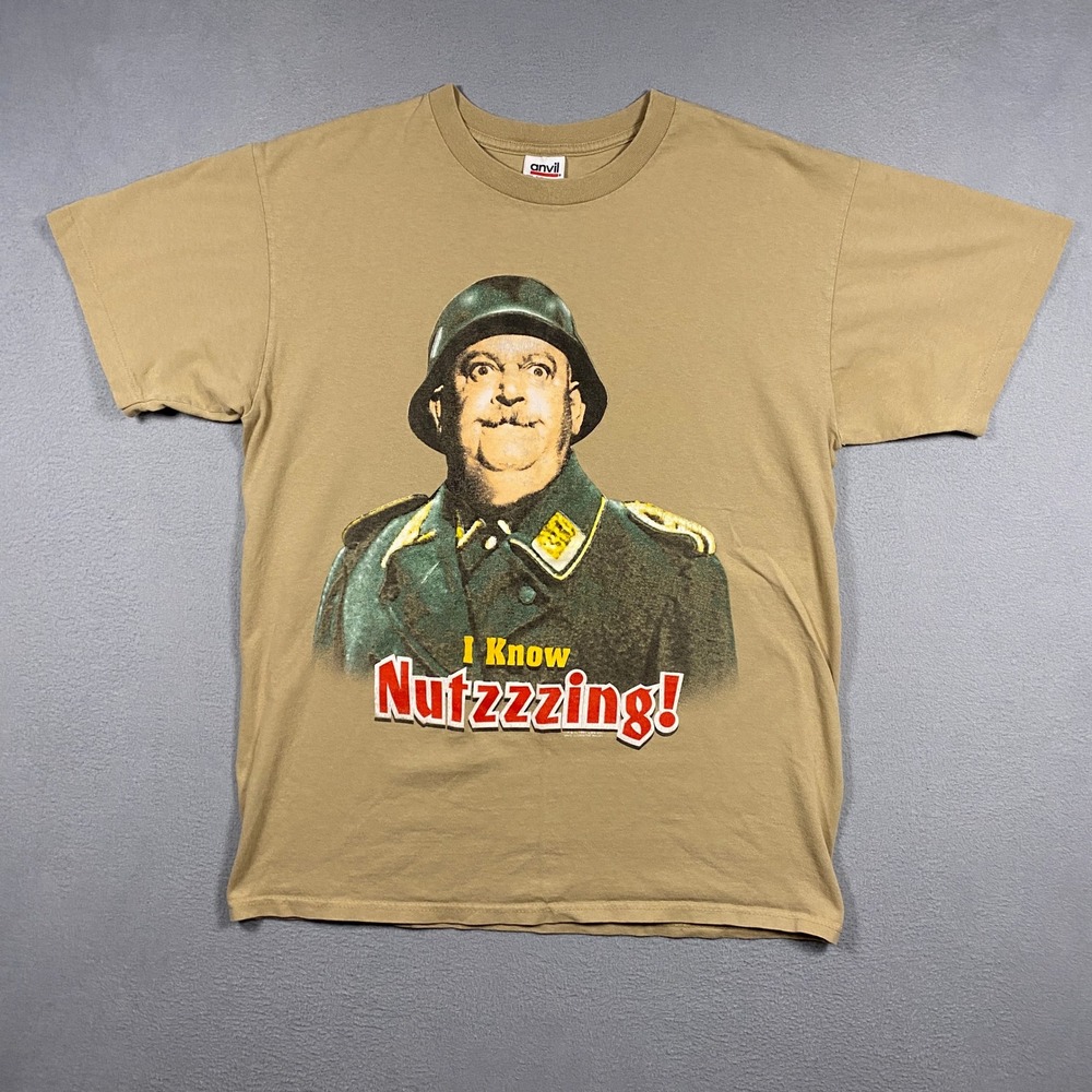 Vintage Anvil Hogans Heroes T-Shirt Mens L Tan 1997 Schultz I Know Nutzzzing